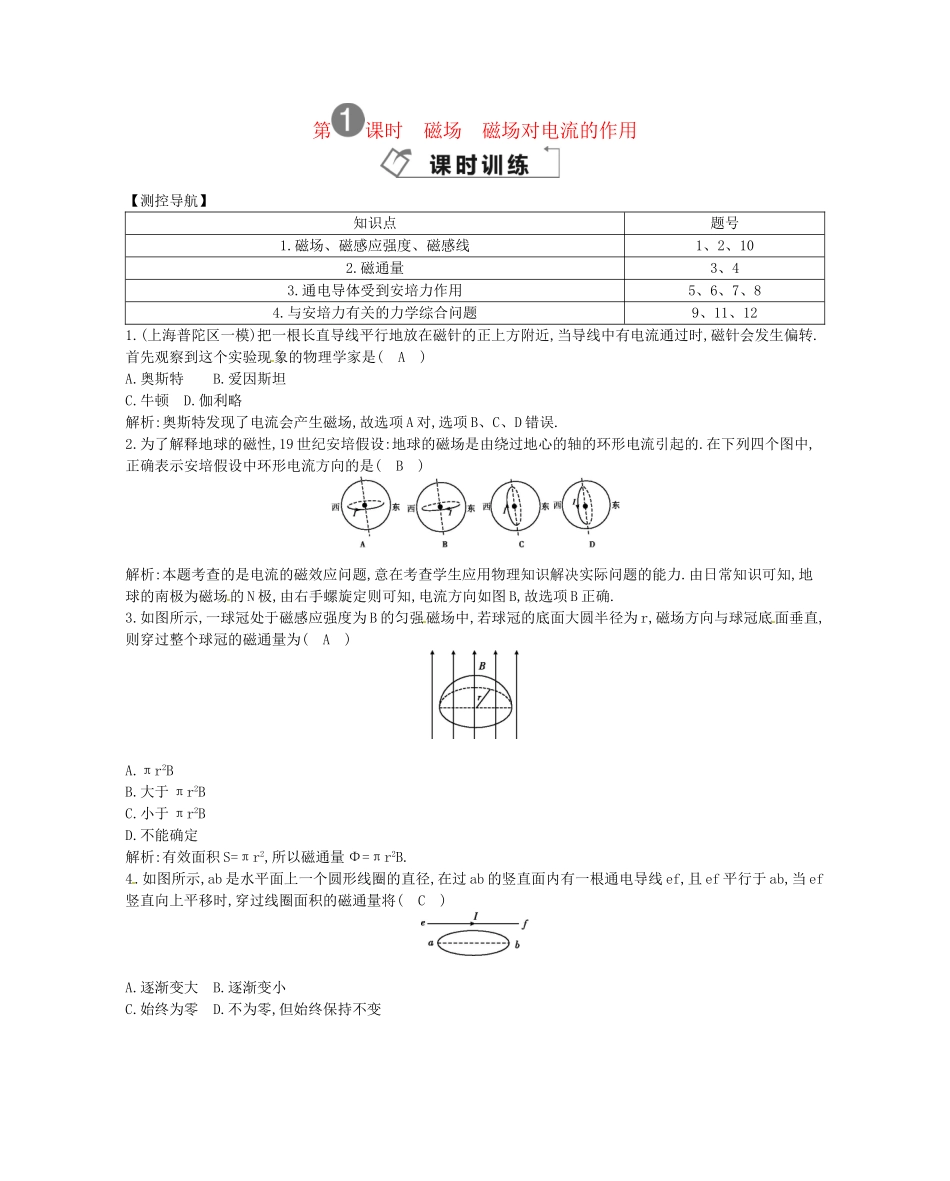 （福建专）高考物理一轮复习 第一课时磁场 磁场对电流的作用课时训练_第1页