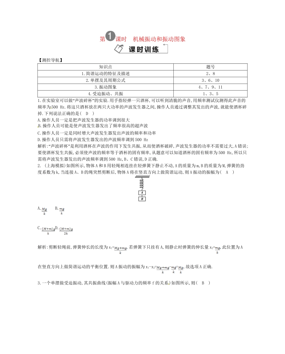 （福建专）高考物理一轮复习 第一课时机械振动和振动图象课时训练_第1页