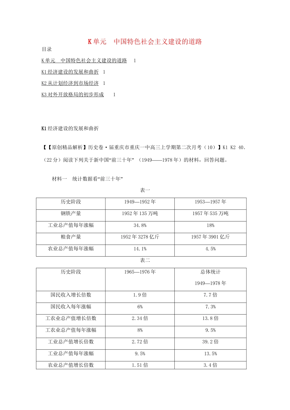 高考历史试题汇编月 第二期K单元 中国特色社会主义建设的道路 _第1页