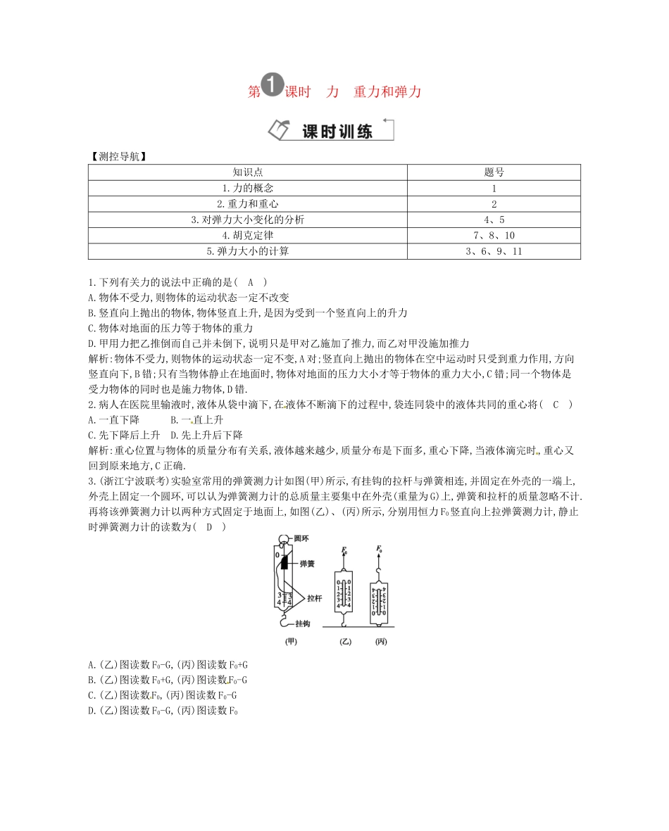 （福建专）高考物理一轮复习 第一课时力 重力和弹力课时训练_第1页