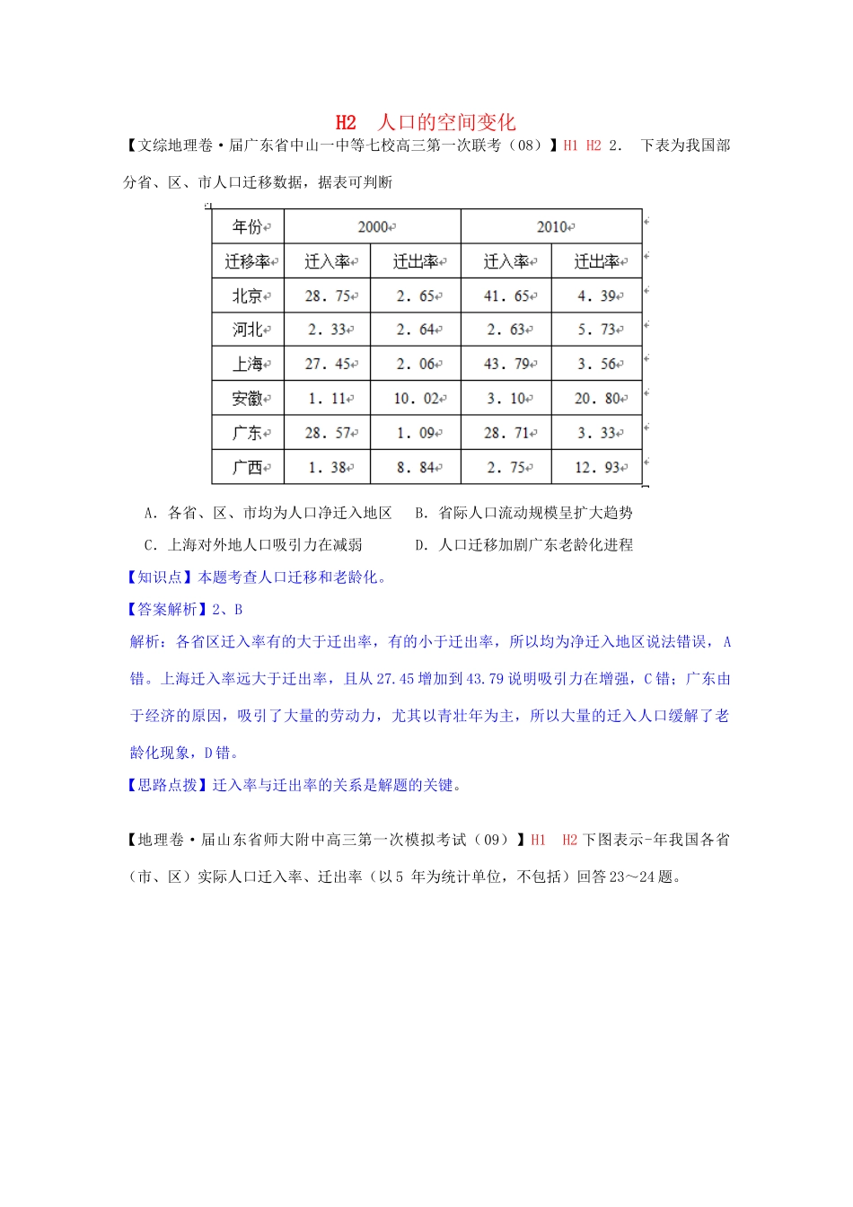 全国高考地理试题汇编（10月）H2人口的空间变化_第1页