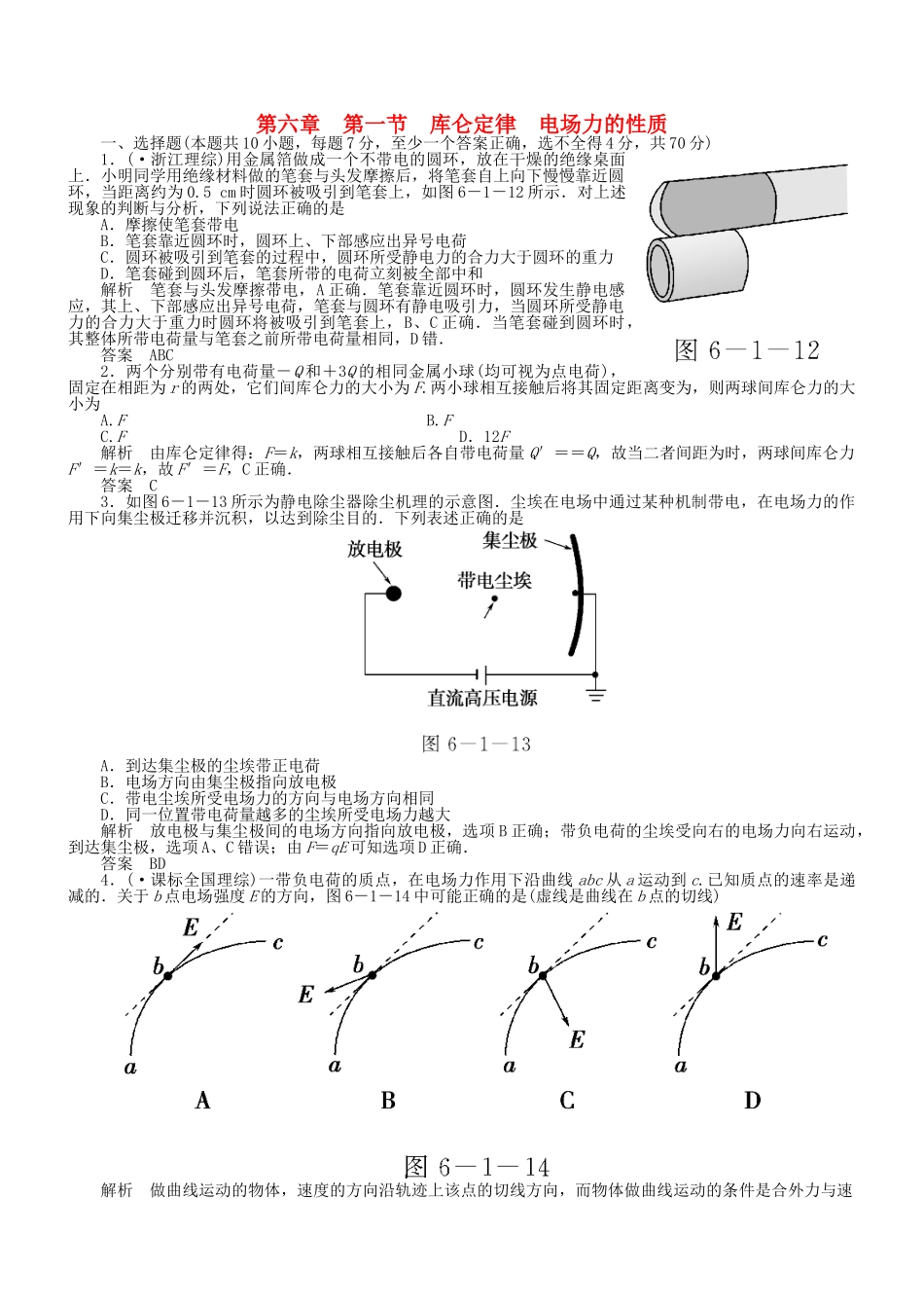 （新课标）高考物理 6.1 库仑定律 电场力的性质达标训练_第1页