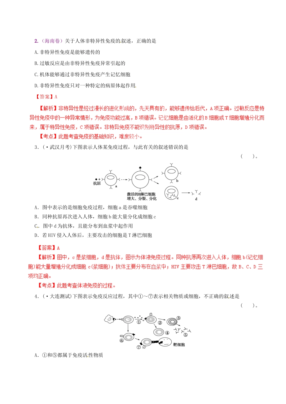 高考生物母题全揭秘 专题 免疫调节_第3页