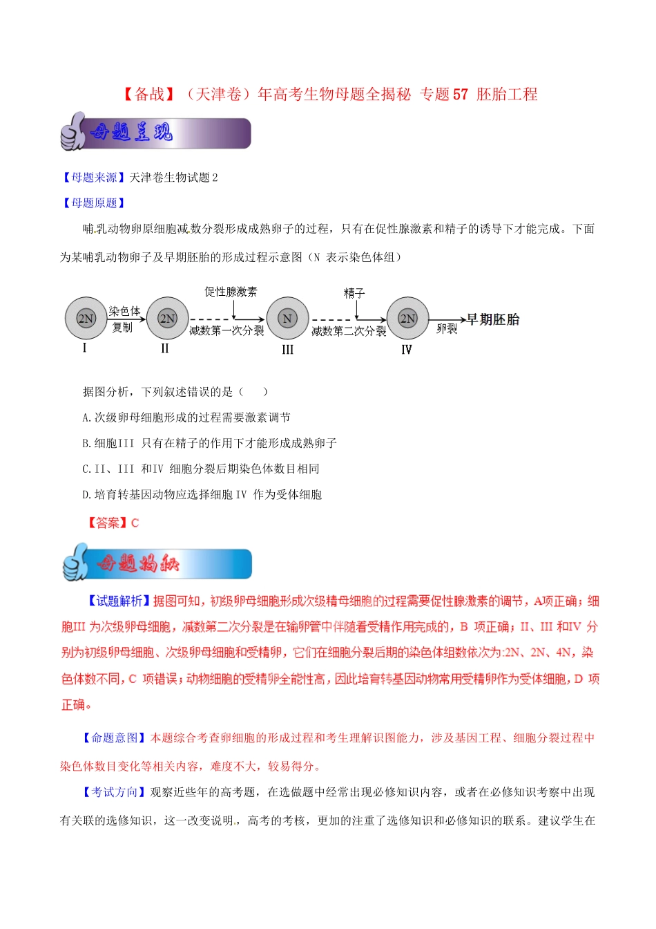 高考生物母题全揭秘 专题 胚胎工程_第1页