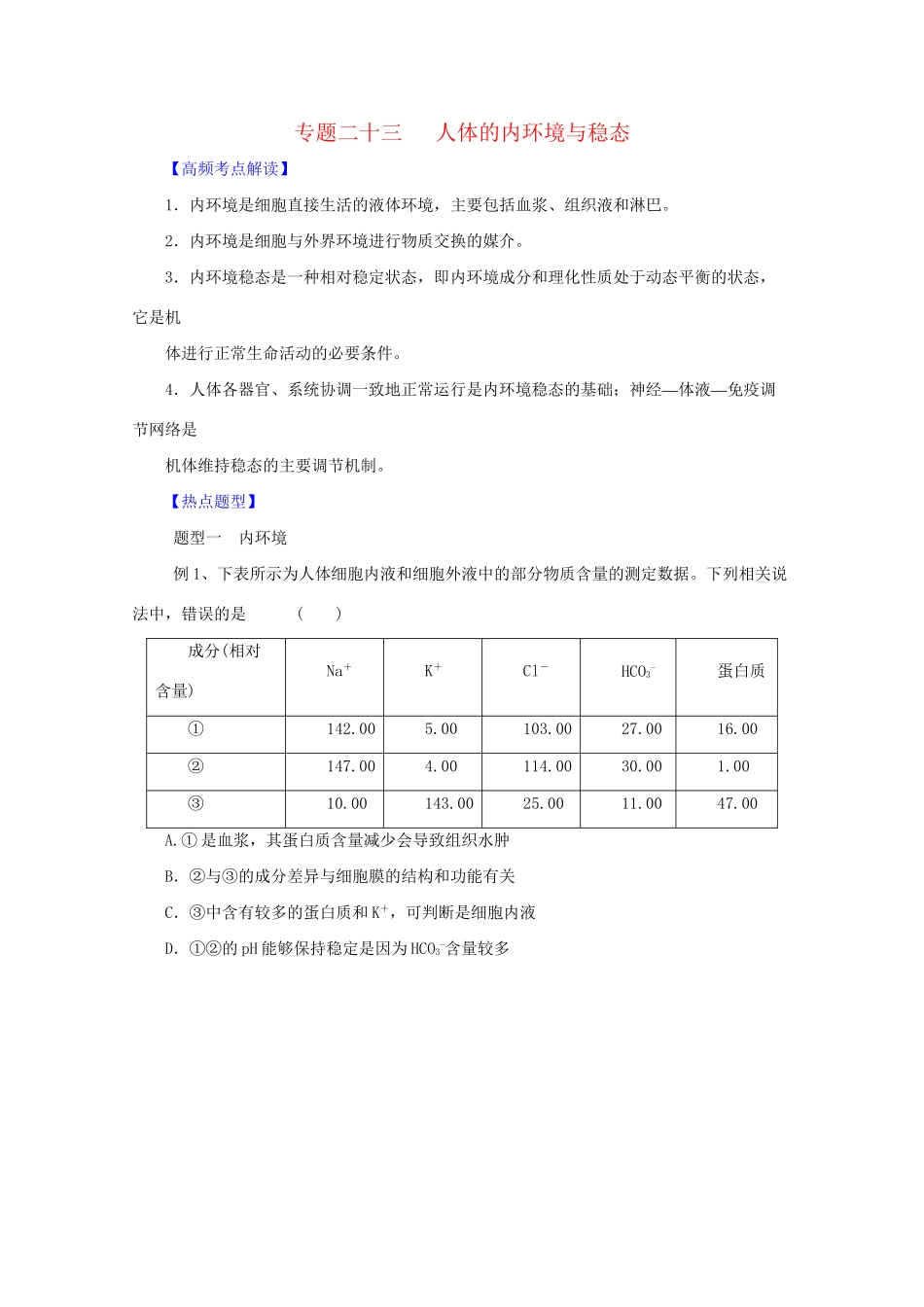 高考生物 热点题型和提分秘籍 专题23 人体的内环境与稳态（解析版）_第1页