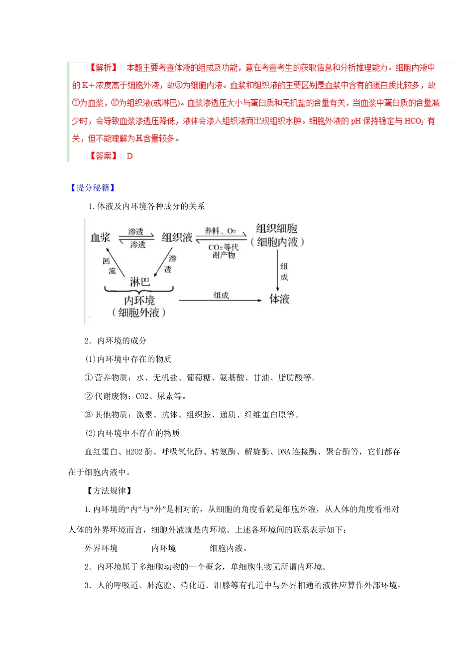 高考生物 热点题型和提分秘籍 专题23 人体的内环境与稳态（解析版）_第2页