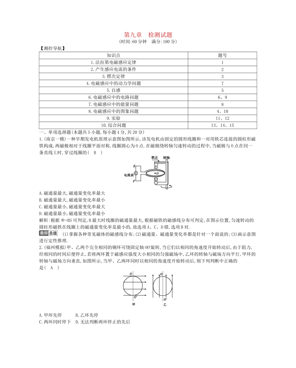 （浙江专用）高考物理大一轮总复习 配套章末检测 第九章 电磁感应（含解析）_第1页