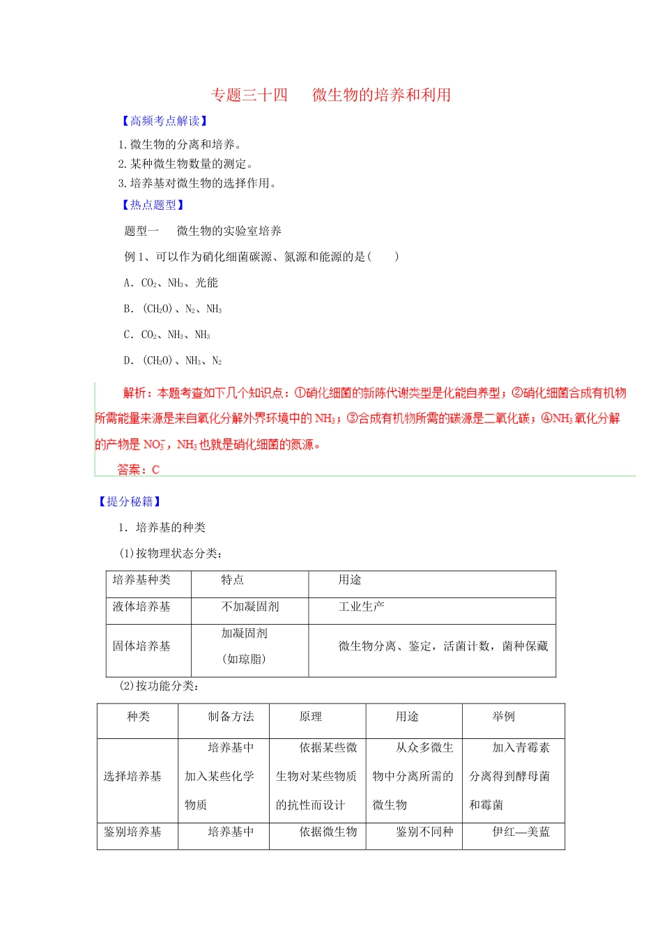 高考生物 热点题型和提分秘籍 专题34 微生物的培养和利用（含解析）_第1页
