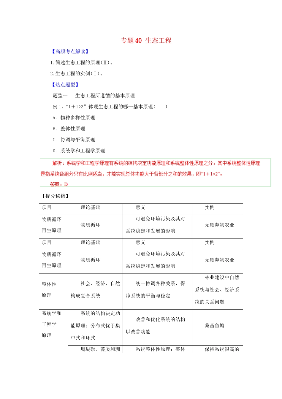 高考生物 热点题型和提分秘籍 专题40 生态工程（含解析）_第1页