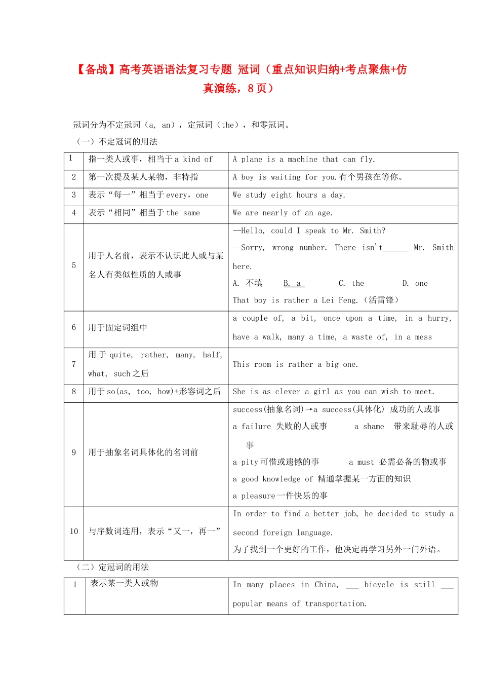 高考英语 语法复习专题 重点知识归纳+考点聚焦+仿真演练冠词_第1页
