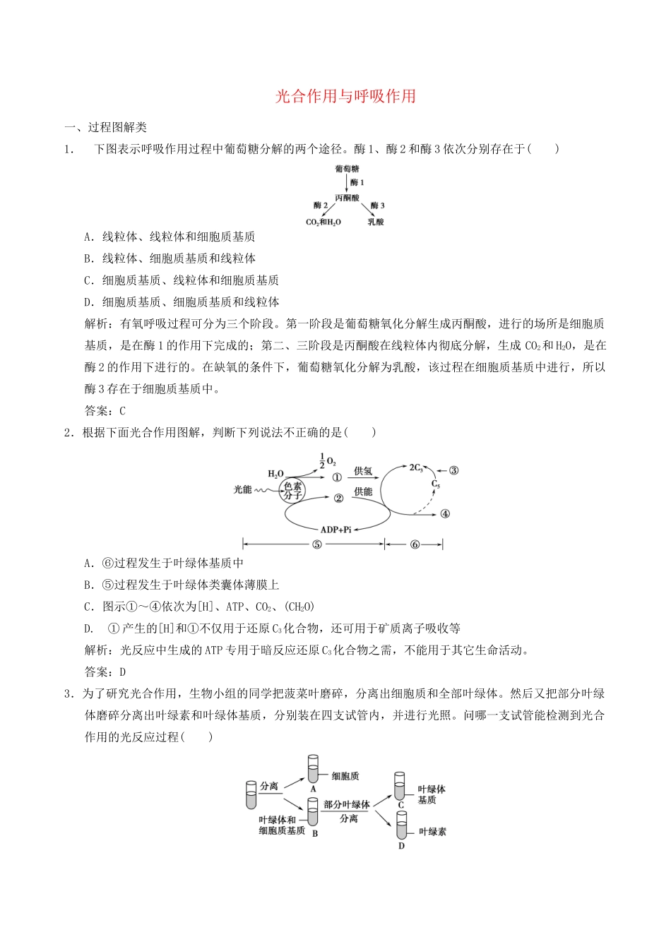 广东省高考生物 相关题型专训专题四 光合作用与呼吸作用_第1页