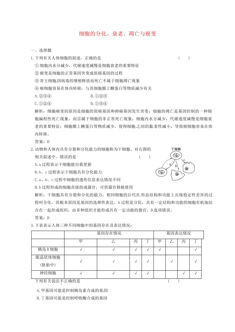 广东省高考生物 相关题型专训专题五 细胞的分化、衰老、凋亡与癌变_第1页