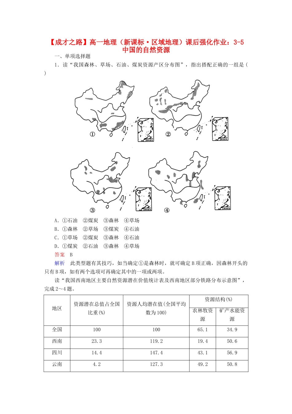 高一地理 区域地理 3-5 中国的自然资源课后强化作业 新人教版_第1页