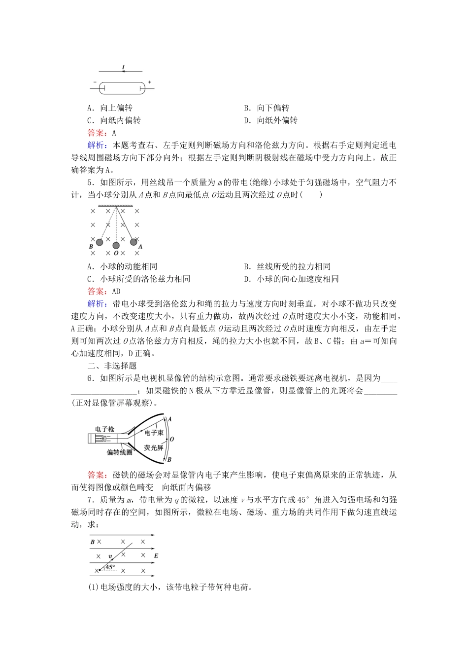 高中物理 3.5 运动电荷在磁场中受到的力练习 新人教版选修3-1_第2页