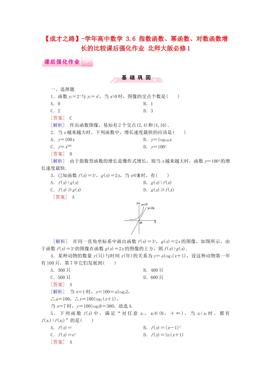 高中数学 3.6 指数函数、幂函数、对数函数增长的比较课后强化作业 北师大版必修1_第1页