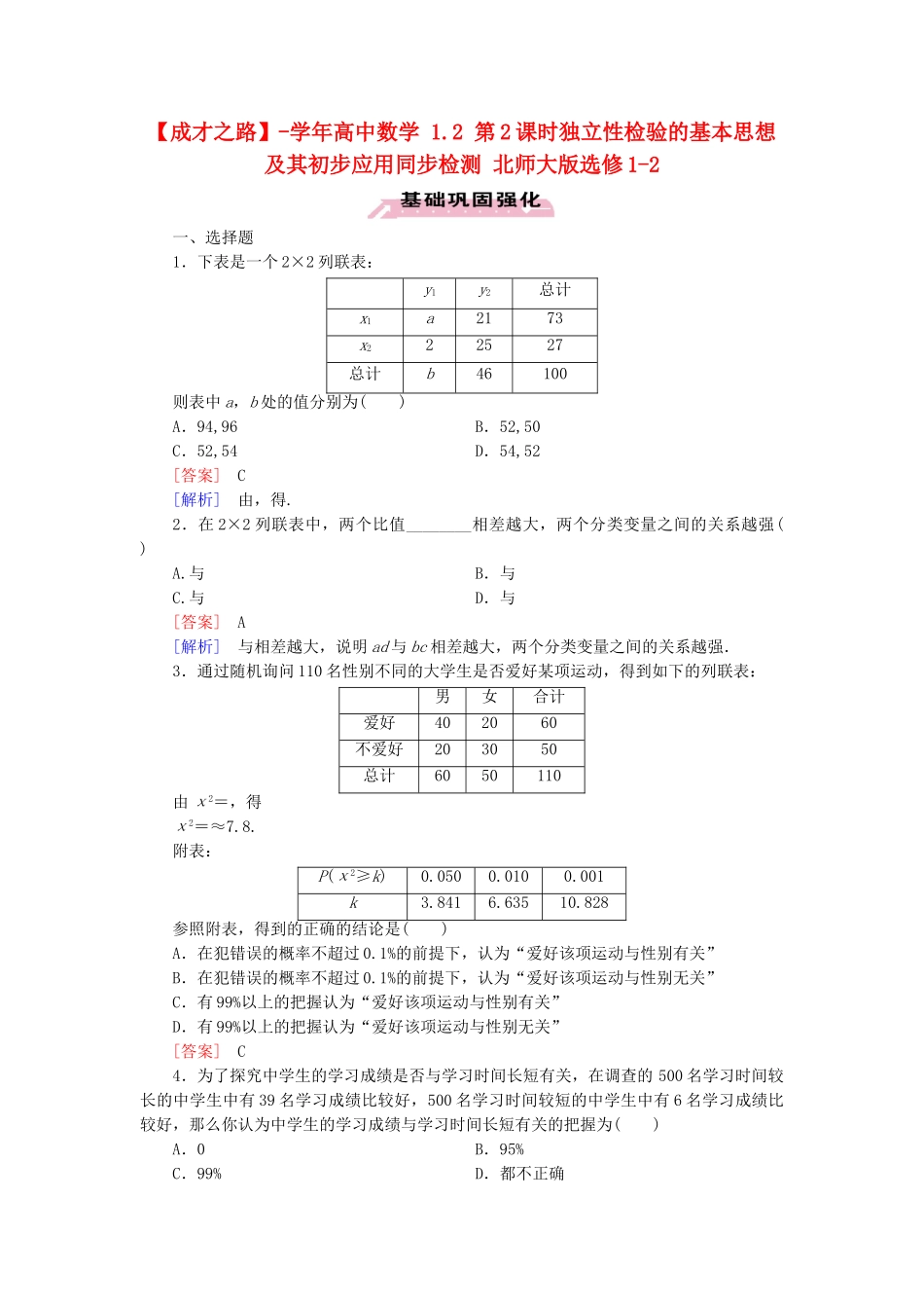 高中数学 1.2 第2课时独立性检验的基本思想及其初步应用同步检测 北师大版选修1-2_第1页