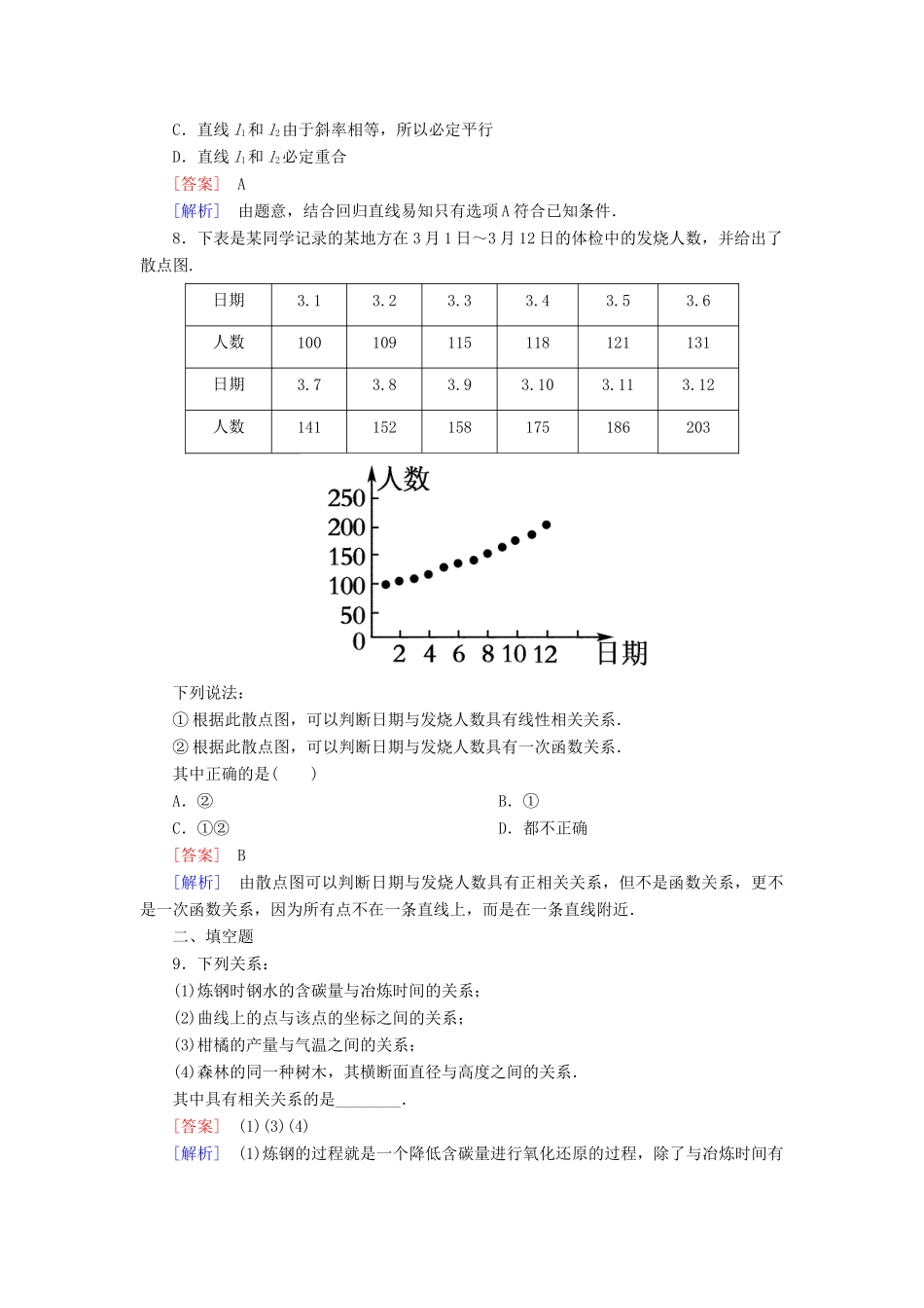 高中数学 2-3-1、2 变量之间的相关关系 两个变量的线性相关能力强化提升 新人教A版必修3_第3页