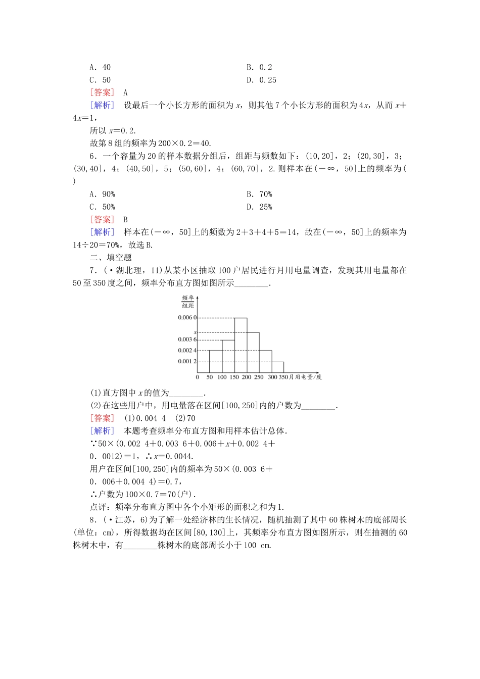 高中数学 2.2.1 第1课时用样本的频率分布估计总体的分布(一)检测试题 新人教B版必修3_第2页