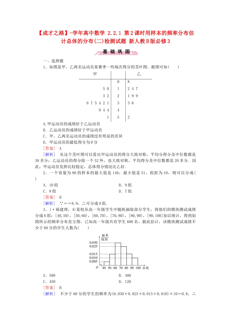 高中数学 2.2.1 第2课时用样本的频率分布估计总体的分布(二)检测试题 新人教B版必修3_第1页