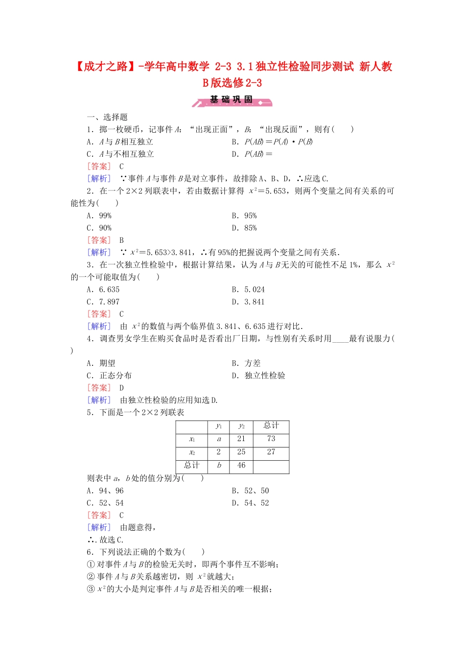 高中数学 2-3 3.1独立性检验同步测试 新人教B版选修2-3_第1页
