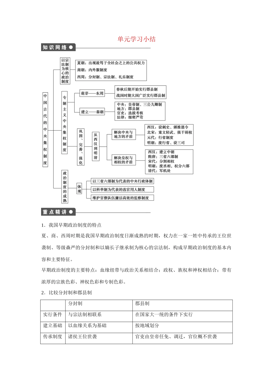 高中历史 第一单元　中国古代的中央集权制度单元小结练习 岳麓版必修1_第1页