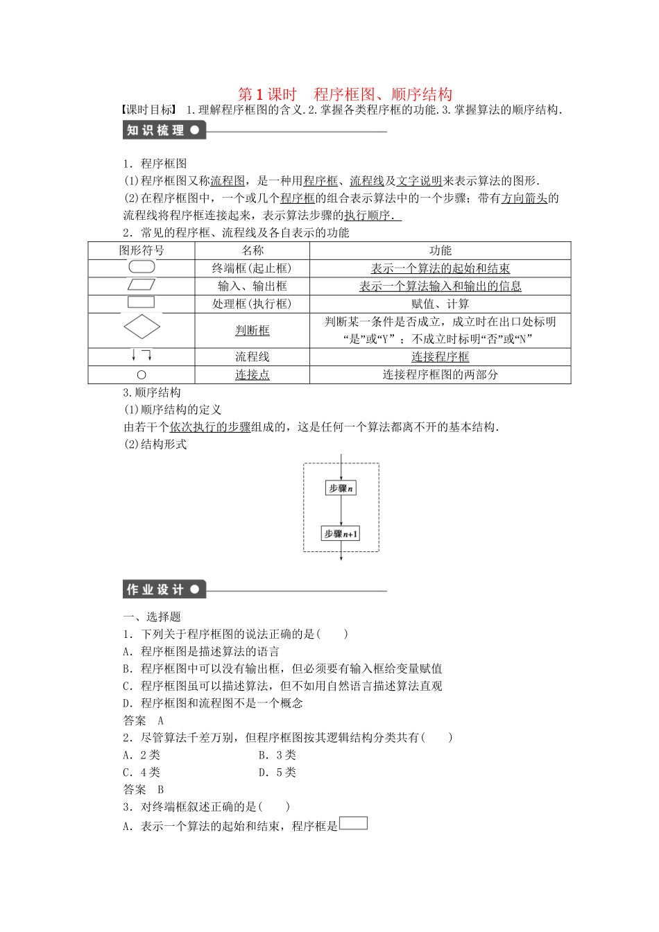 高中数学 1.1.2 第1课时 程序框图、顺序结构课时作业 新人教A版必修3_第1页