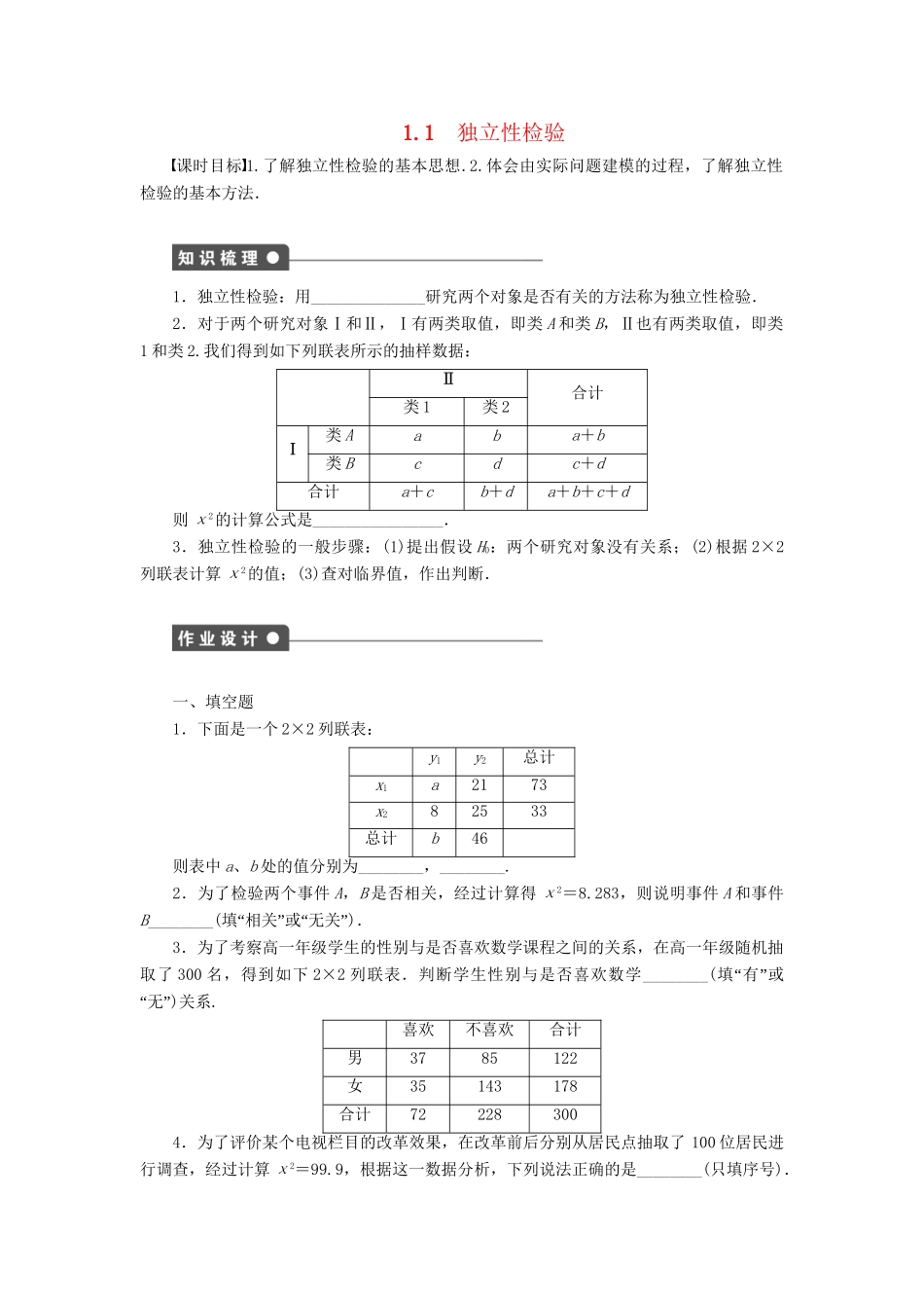 高中数学 1.1独立性检验课时作业 苏教版选修1-2_第1页