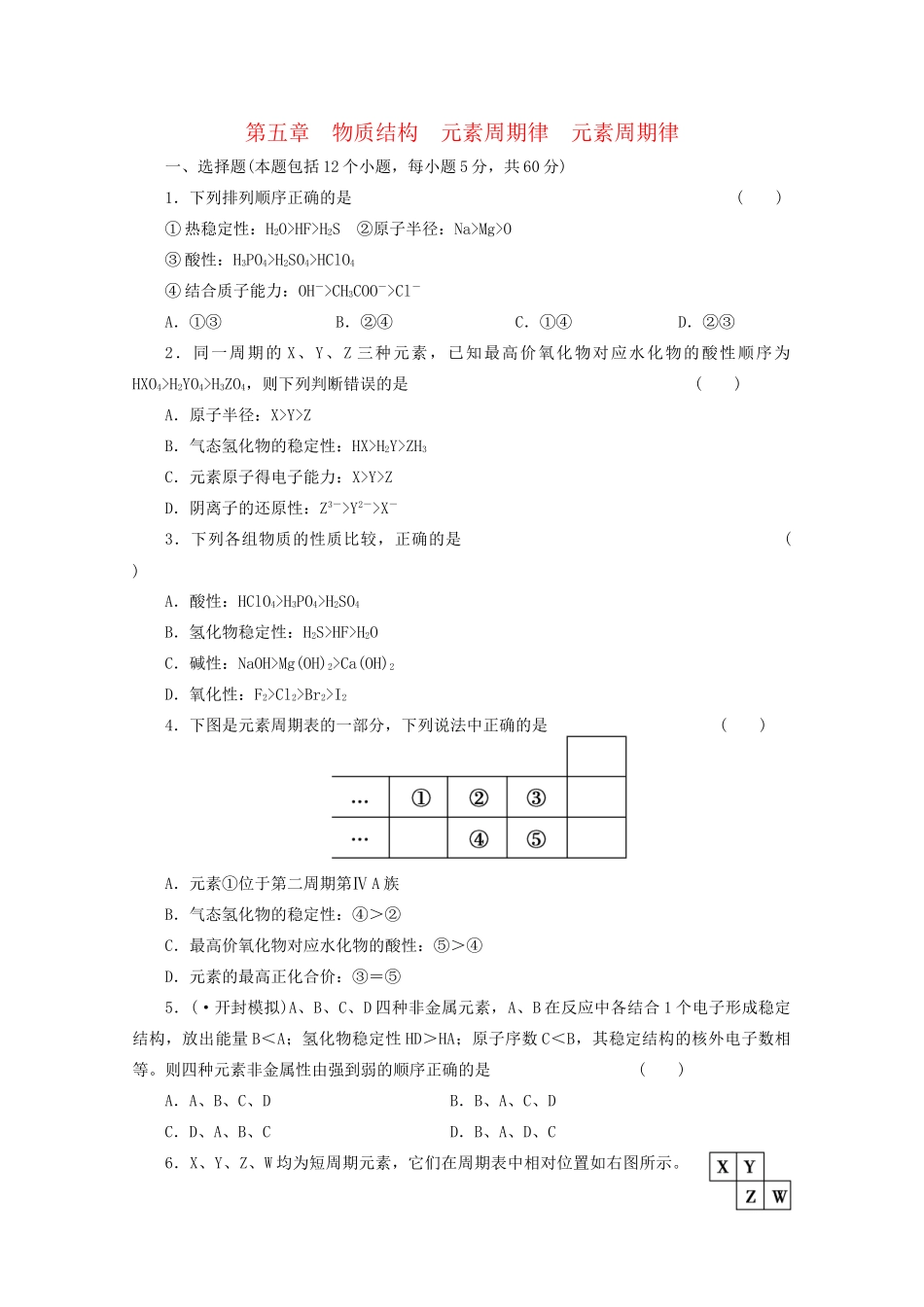 高考化学大一轮总复习 第五章《物质结构 元素周期律---元素周期律》同步训练_第1页