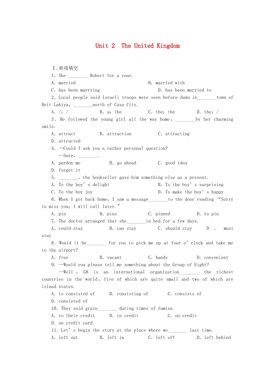 高考英语大一轮复习 Book5 Unit 2  The United Kingdom练习 新人教_第1页