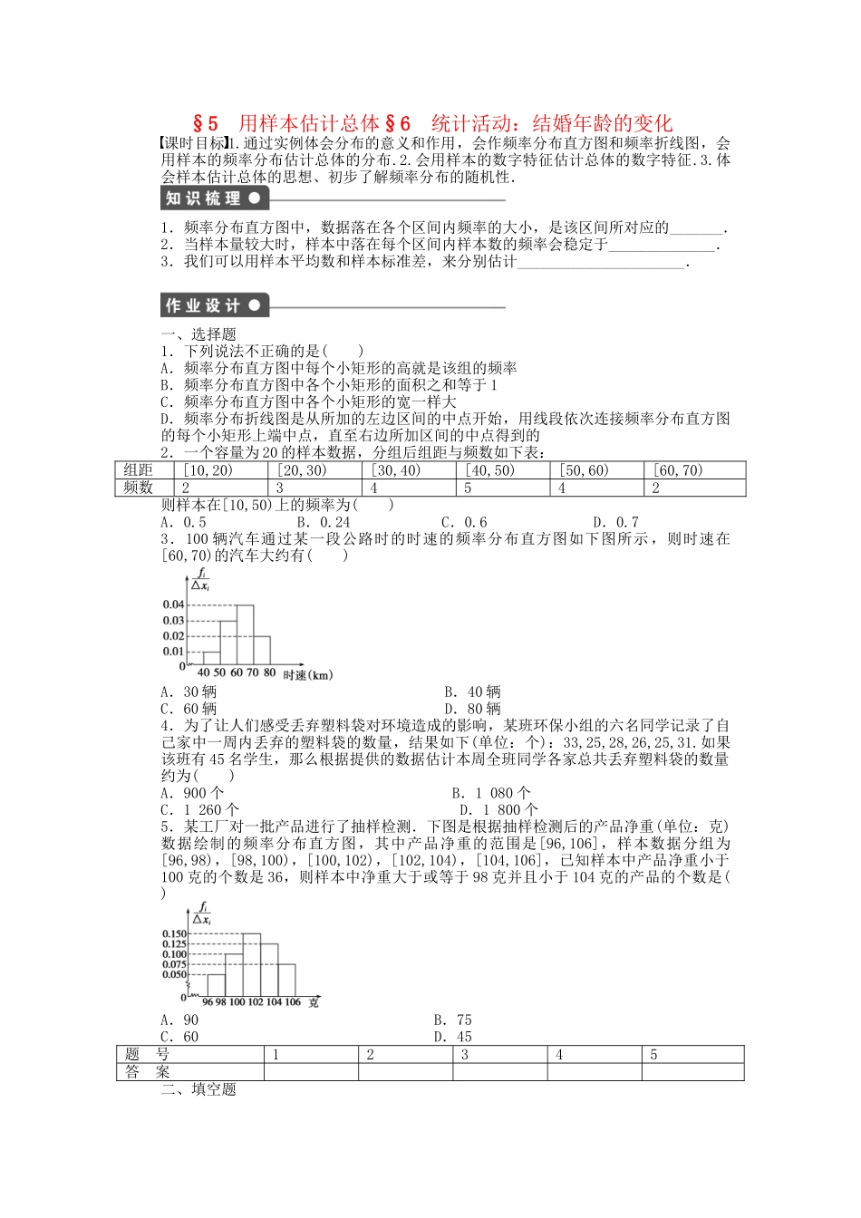 高中数学 1.5-6 用样本估计总体课时作业 北师大版必修3_第1页