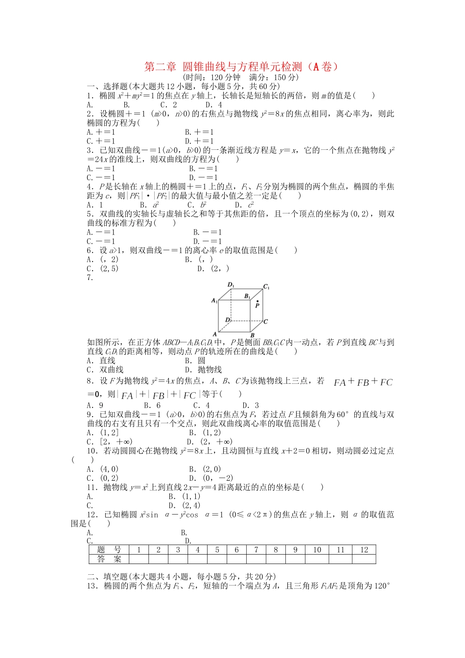 高中数学 第二章 圆锥曲线与方程单元综合检测（A卷）新人教A版选修2-1_第1页