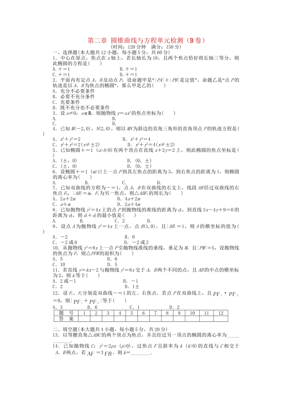 高中数学 第二章 圆锥曲线与方程单元综合检测（B卷）新人教A版选修2-1_第1页