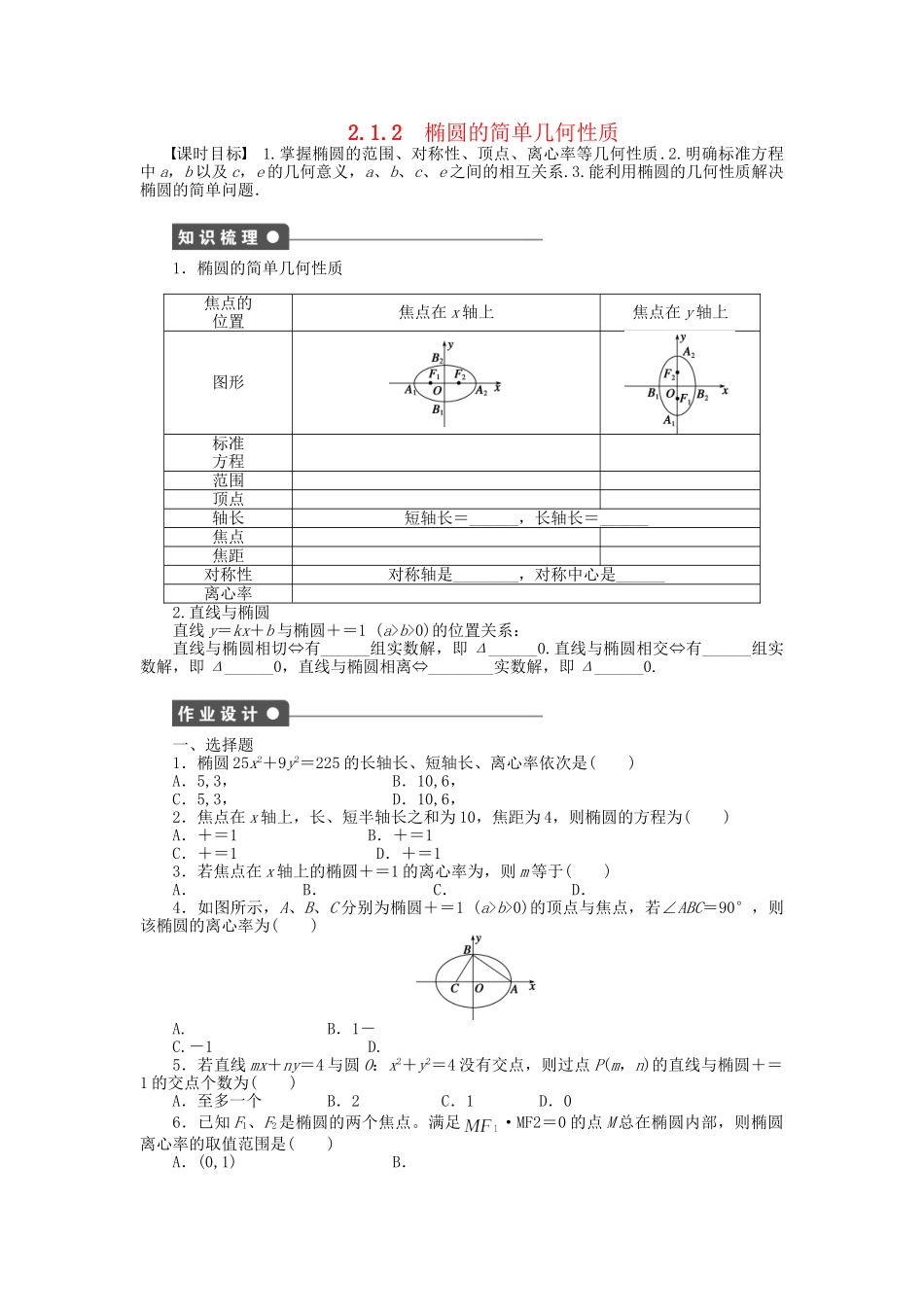 高中数学 2.1.2椭圆的简单几何性质课时作业 新人教A版选修1-1_第1页