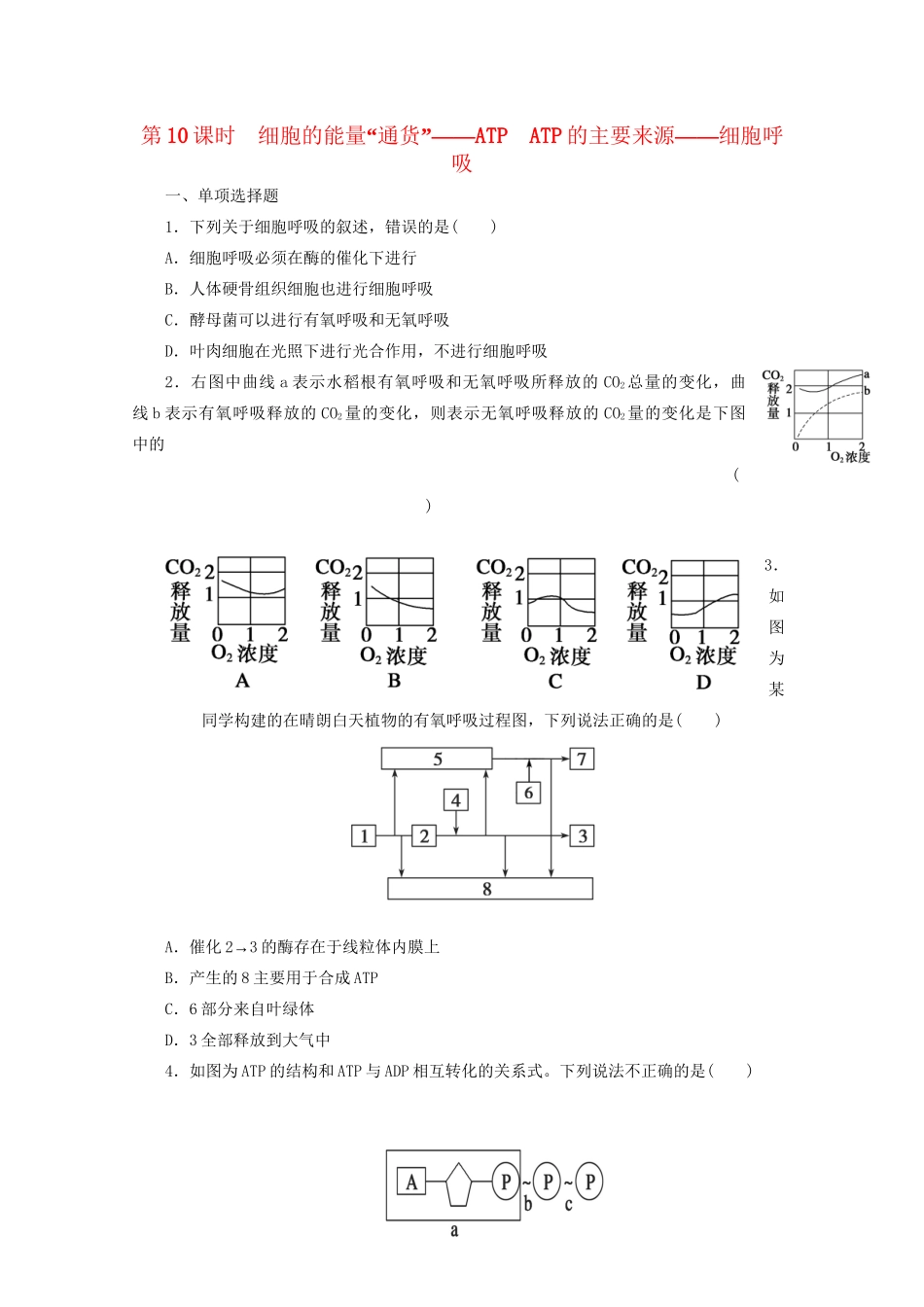 高三生物一轮复习 第3单元 第10课时ATP的主要来源——细胞呼吸课堂练习_第1页