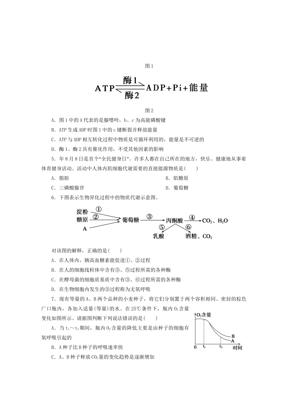 高三生物一轮复习 第3单元 第10课时ATP的主要来源——细胞呼吸课堂练习_第2页