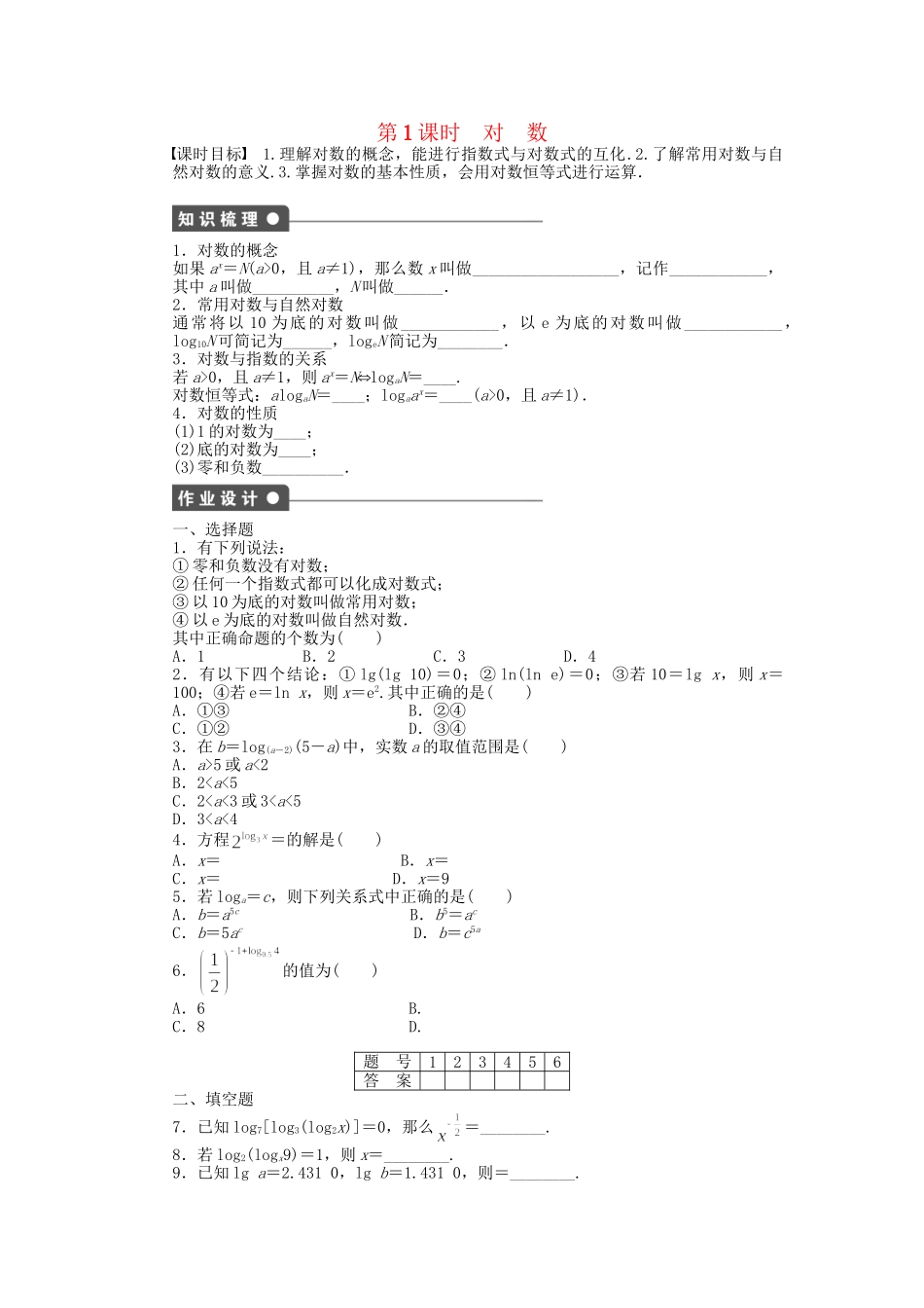 高中数学 2.2.1 第1课时 对数课时作业 新人教A版必修1_第1页