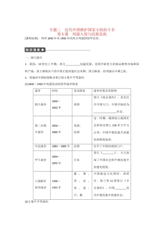 高中历史 专题二 第1课 列强入侵与民族危机对点训练 人民版必修1