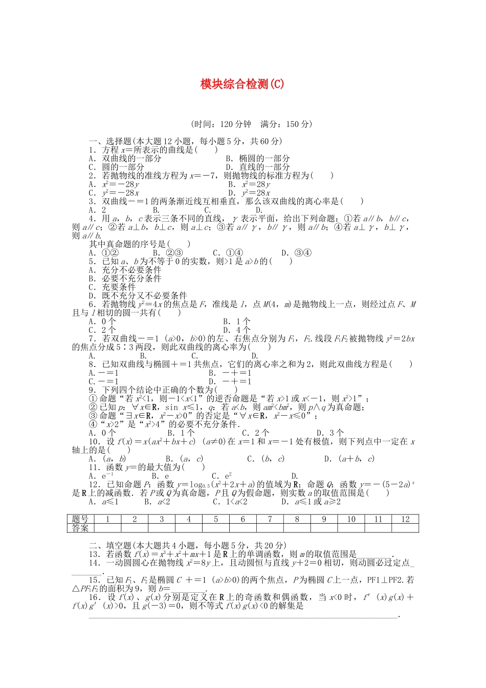 高中数学 模块综合检测（C）新人教A版选修1-1_第1页
