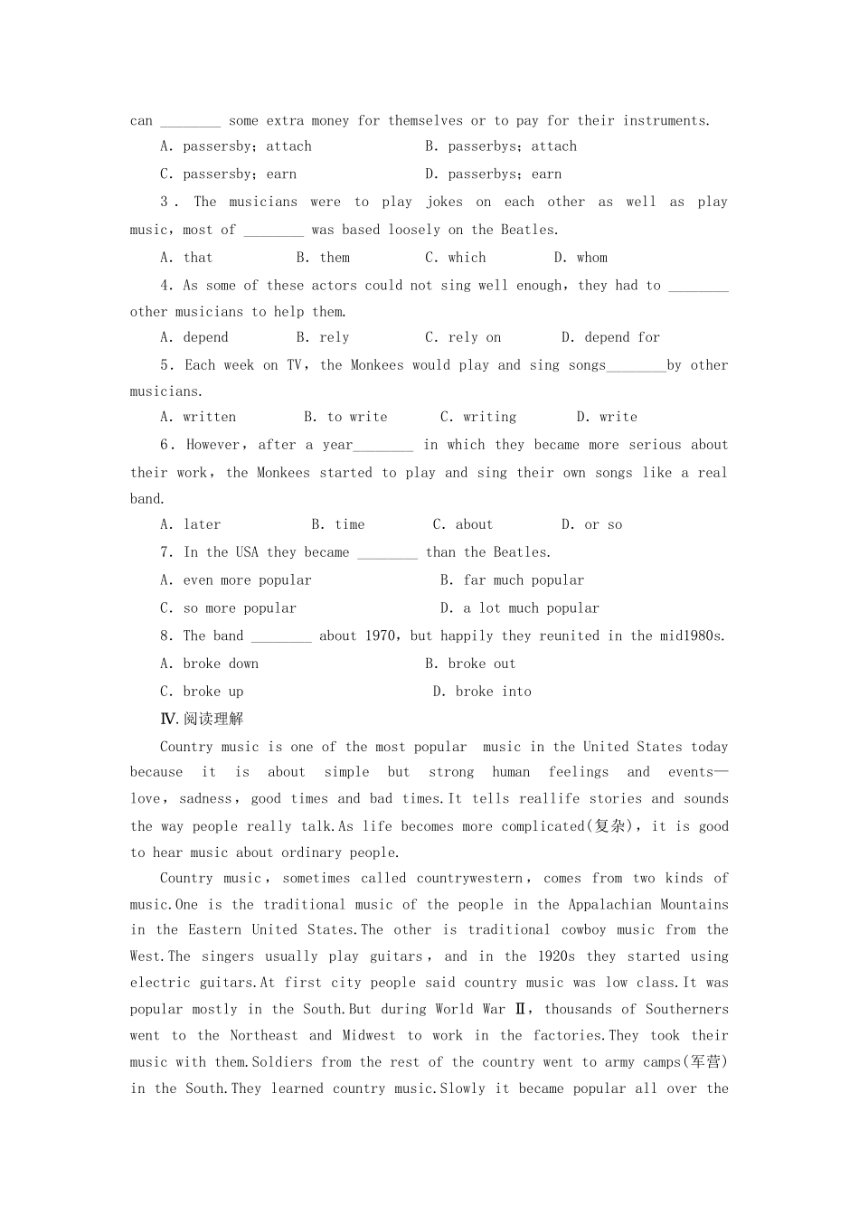 高中英语 Unit 5 Music Period One Warming Up & Reading课时作业 新人教版必修2_第3页