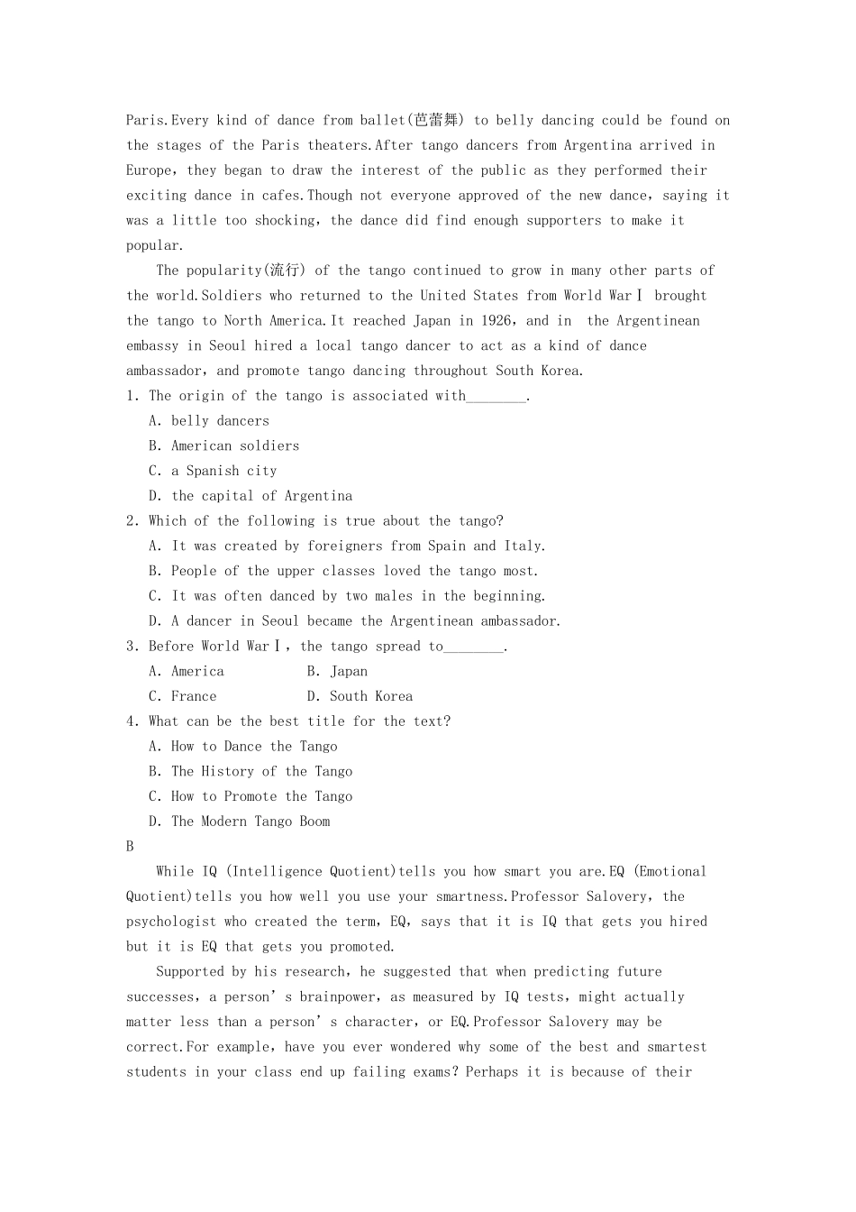 高中英语 Module 1 Europe Period One Warm up Reading同步测试1 外研版必修3_第3页
