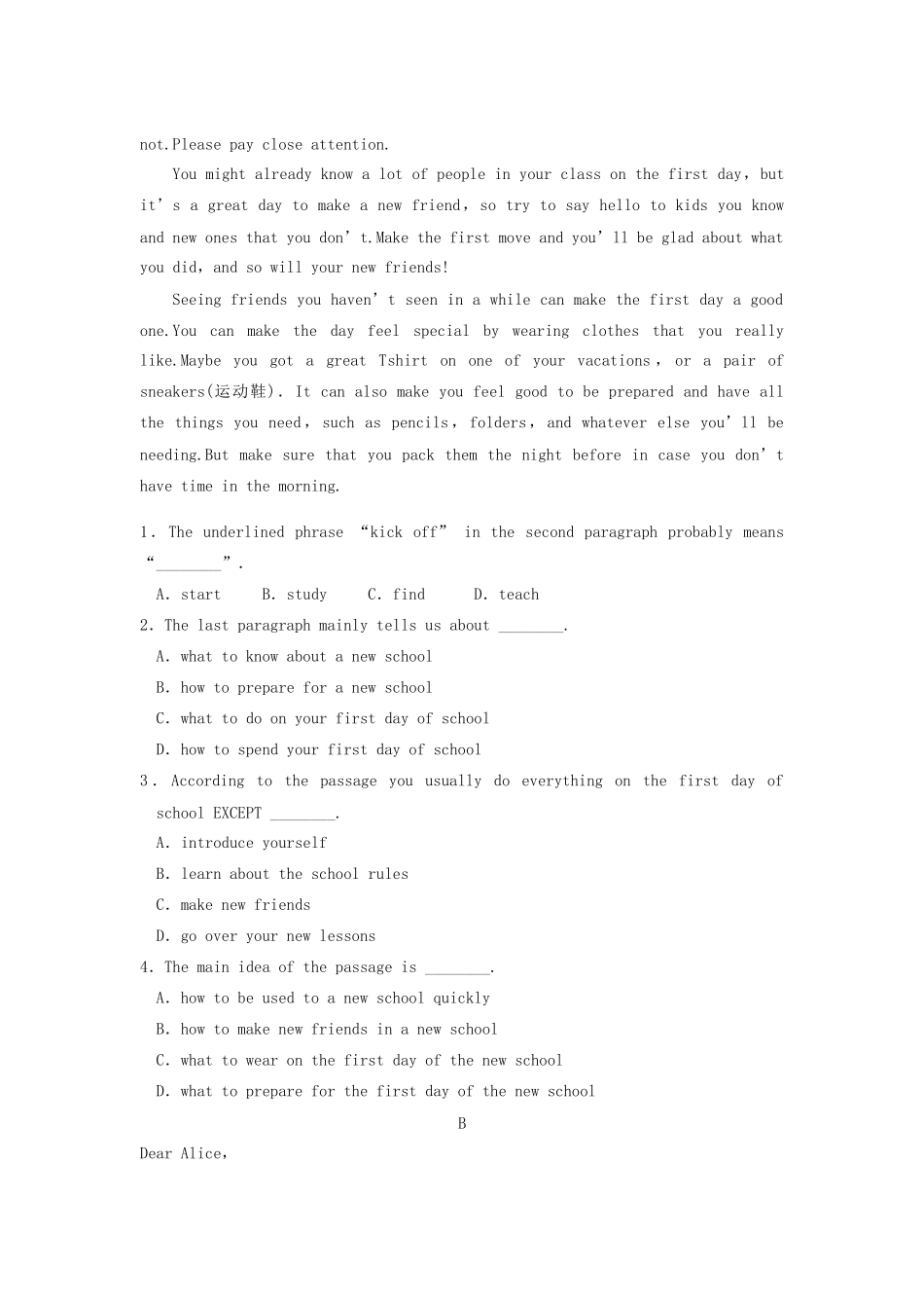 高中英语 Module 1 My First Day at Senior High Period One 1 Warm up and Reading同步测试 外研版必修1_第3页