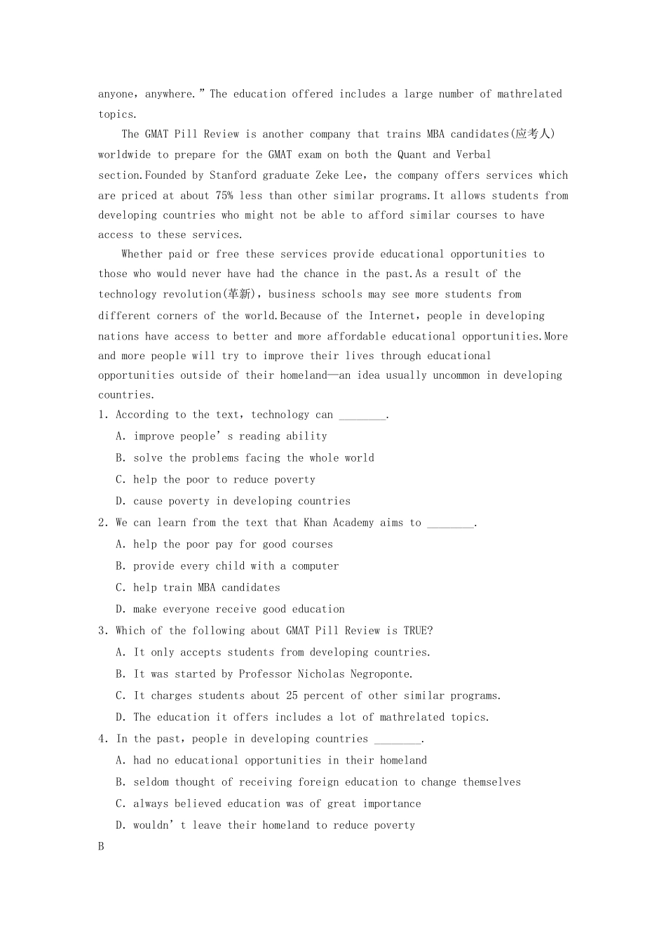 高中英语 Module 2 Developing and Developed Countries Period Warm up Reading同步测试1 外研版必修3_第3页