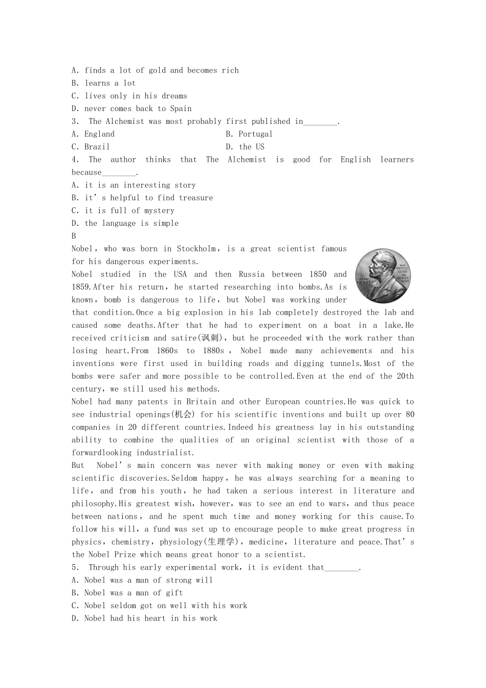 高中英语 Module 2 The Renaissance Period One Warm up Reading同步测试1 外研版选修8_第3页