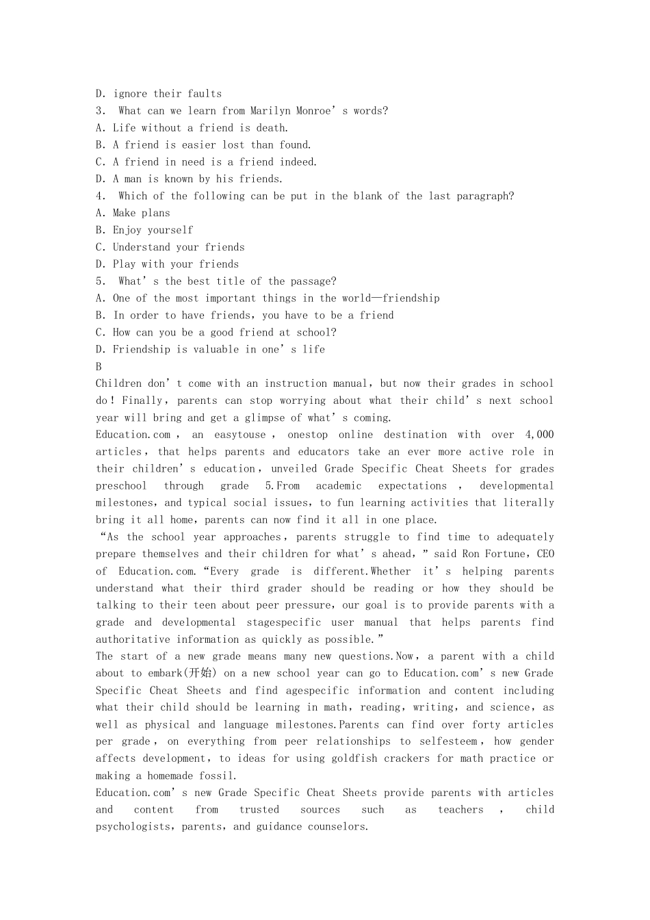 高中英语 Module 3 Interpersonal Period One Warm up Reading同步测试1 外研版选修6_第3页
