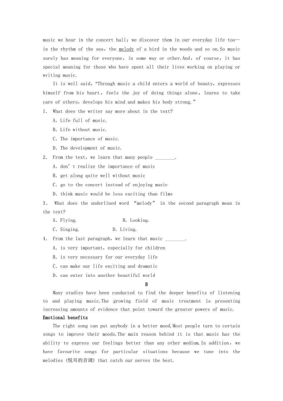 高中英语 Module 3 Music Period 1 Warm up and Reading同步测试1 外研版必修2_第3页