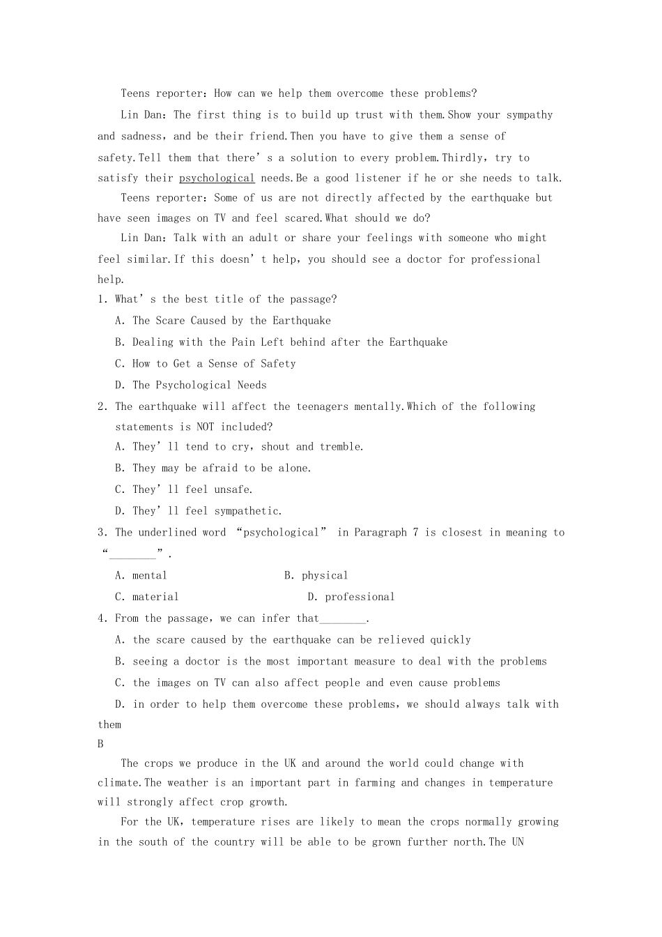 高中英语 Module 3 The Violence of Nature Period Warm up Reading同步测试1 外研版必修3_第3页