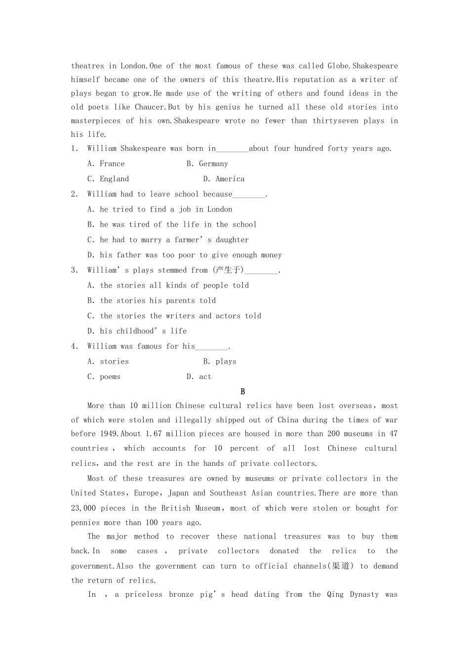 高中英语 Module 4 Fine Arts Western Chinese and Pop Arts Period 1 Warm up and Reading同步测试1 外研版必修2_第3页