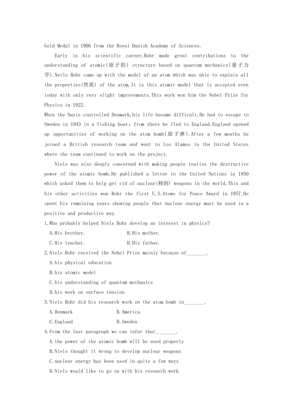 高中英语 Module 4 Great Scientists period Warm up Reading同步测试1 外研版必修4_第3页