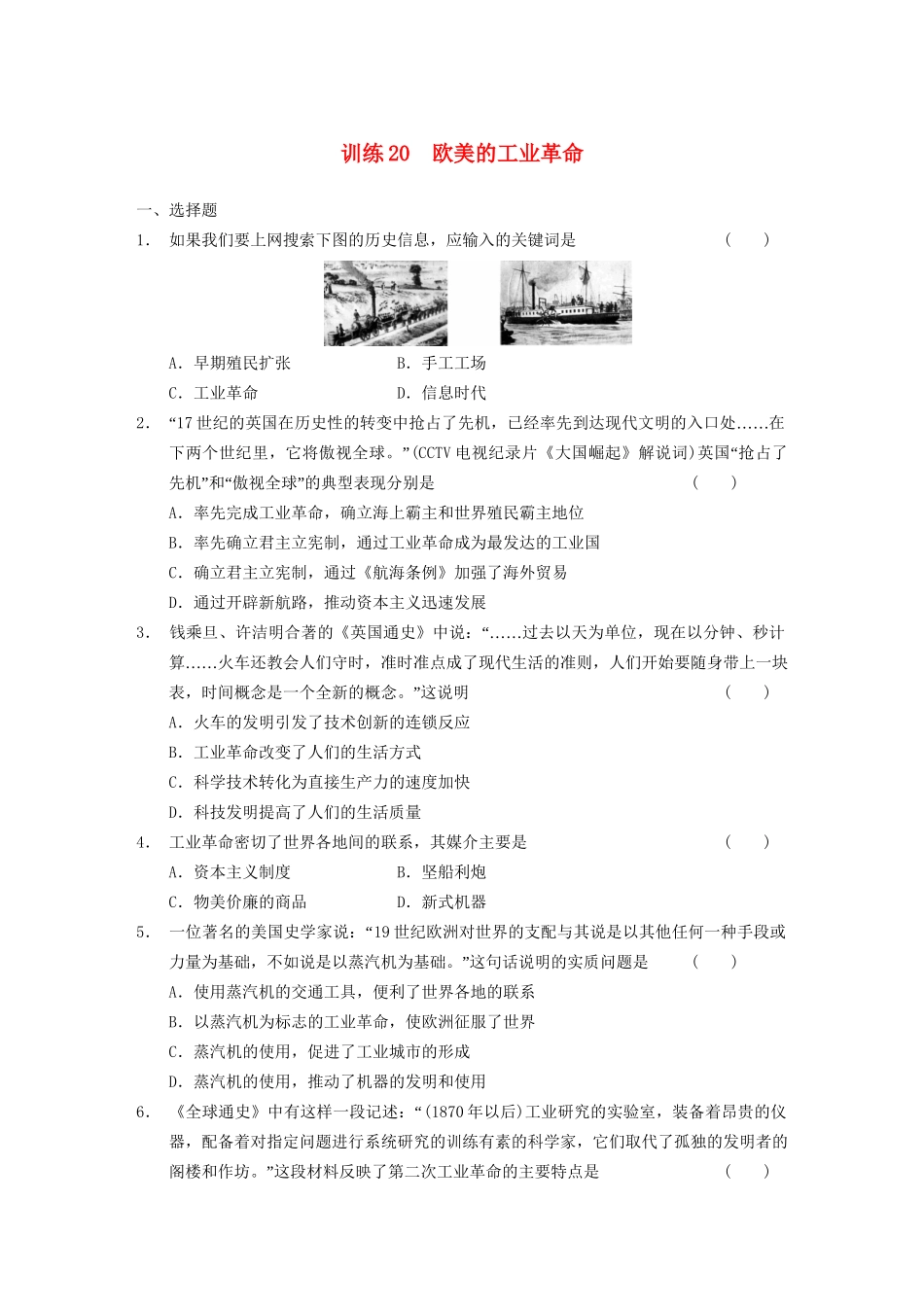 高中历史 第五单元 训练20 资本主义世界市场的形成和发展同步强化训练 北师大版必修2_第1页