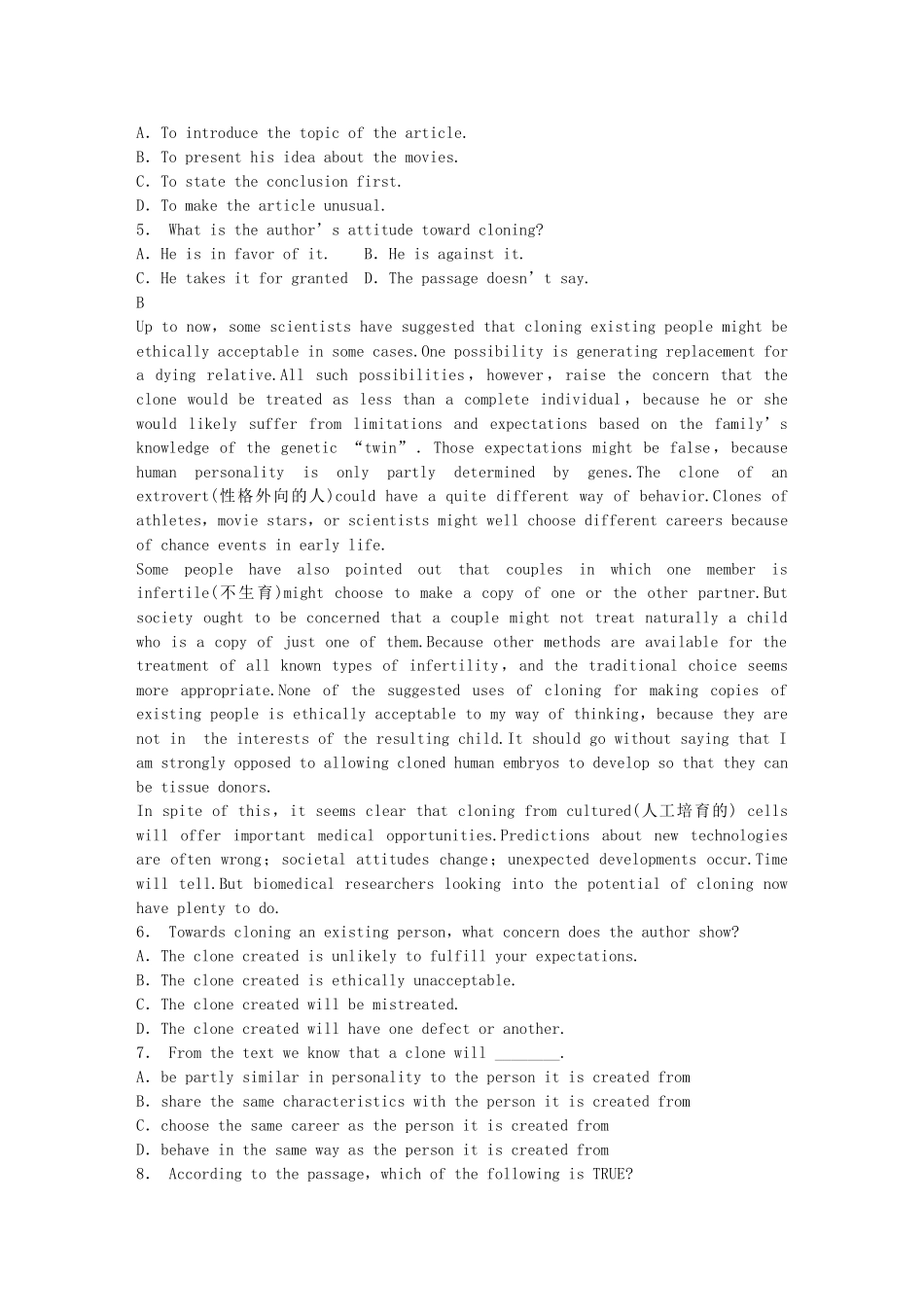 高中英语 Module 5 Cloning Period One Warm up Reading同步测试1 外研版选修6_第3页